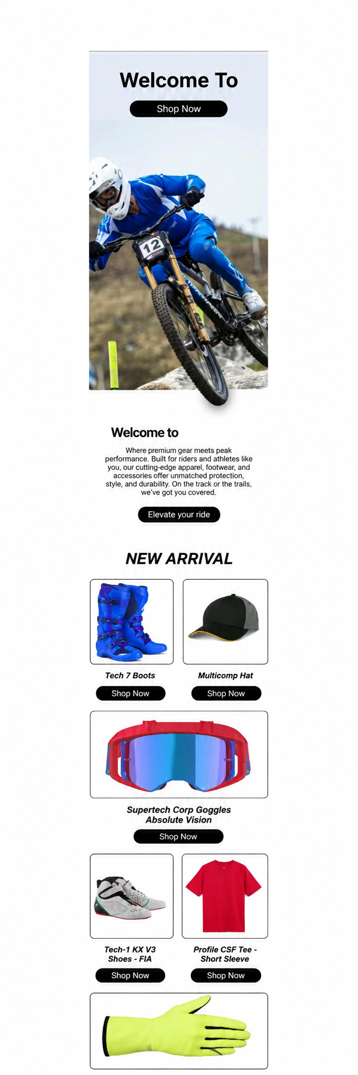 Performance apparel welcome — anonymized MailBench portfolio design