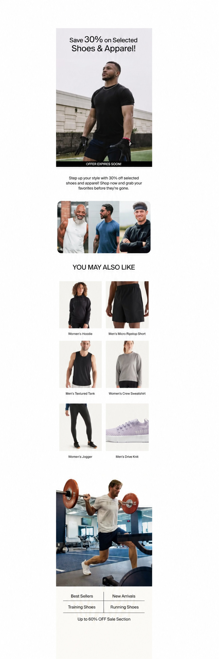 Fitness apparel campaign — anonymized MailBench portfolio design