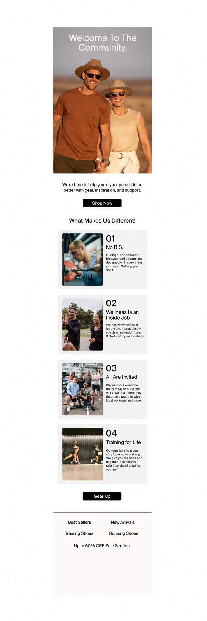 Fitness community welcome — anonymized MailBench portfolio design